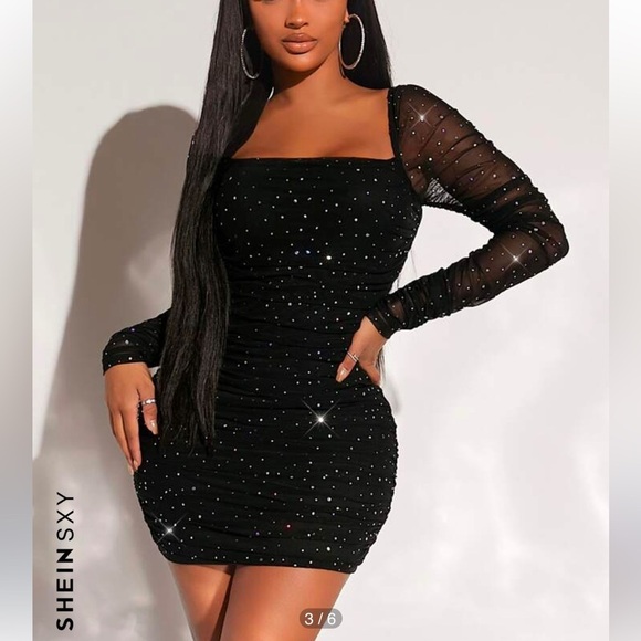 SHEIN Bundle 2 Black Long Sleeve Mesh Square Neck Ruched Mini Dress.Sz S - Picture 1 of 16